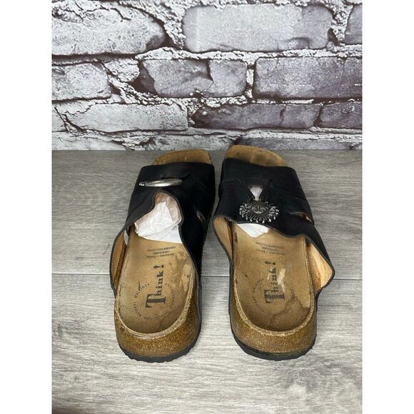 Think! Black Leather Cork Sun Moon Silver Wedge Sandals Women Sz 37EU/6.5M US - Picture 6 of 16